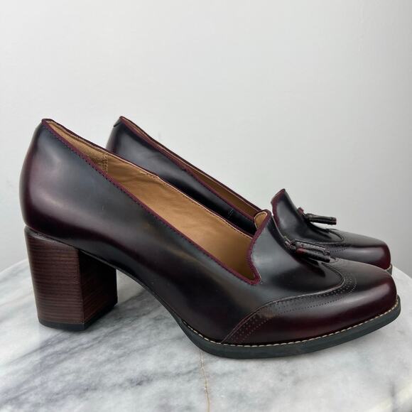 Clarks Artisan Tarah Deep Burgundy Leather Pump Tassel Block Heel Loafer (8.5) - Picture 3 of 12